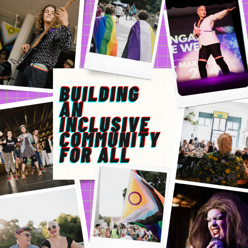 A collection of images from Pride Whanganui events with the text "Building an inclusive community for all".
